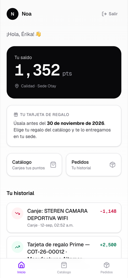 App del colaborador con su saldo en puntos y su vigencia